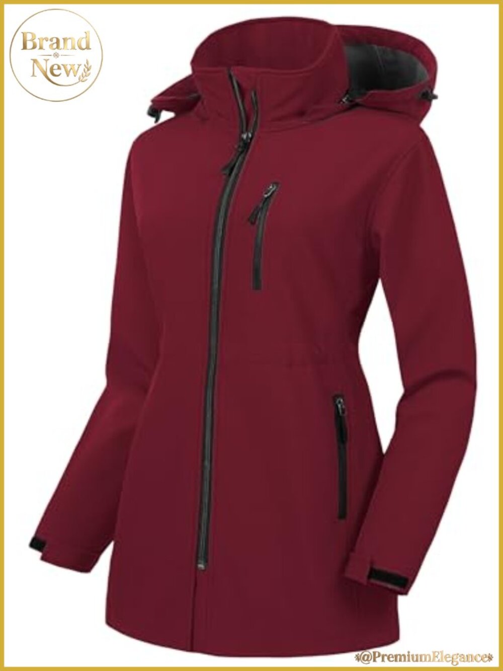 Women's Plus Size Long Softshell Waterproof Fleece Lined Rain Jacket with Hood